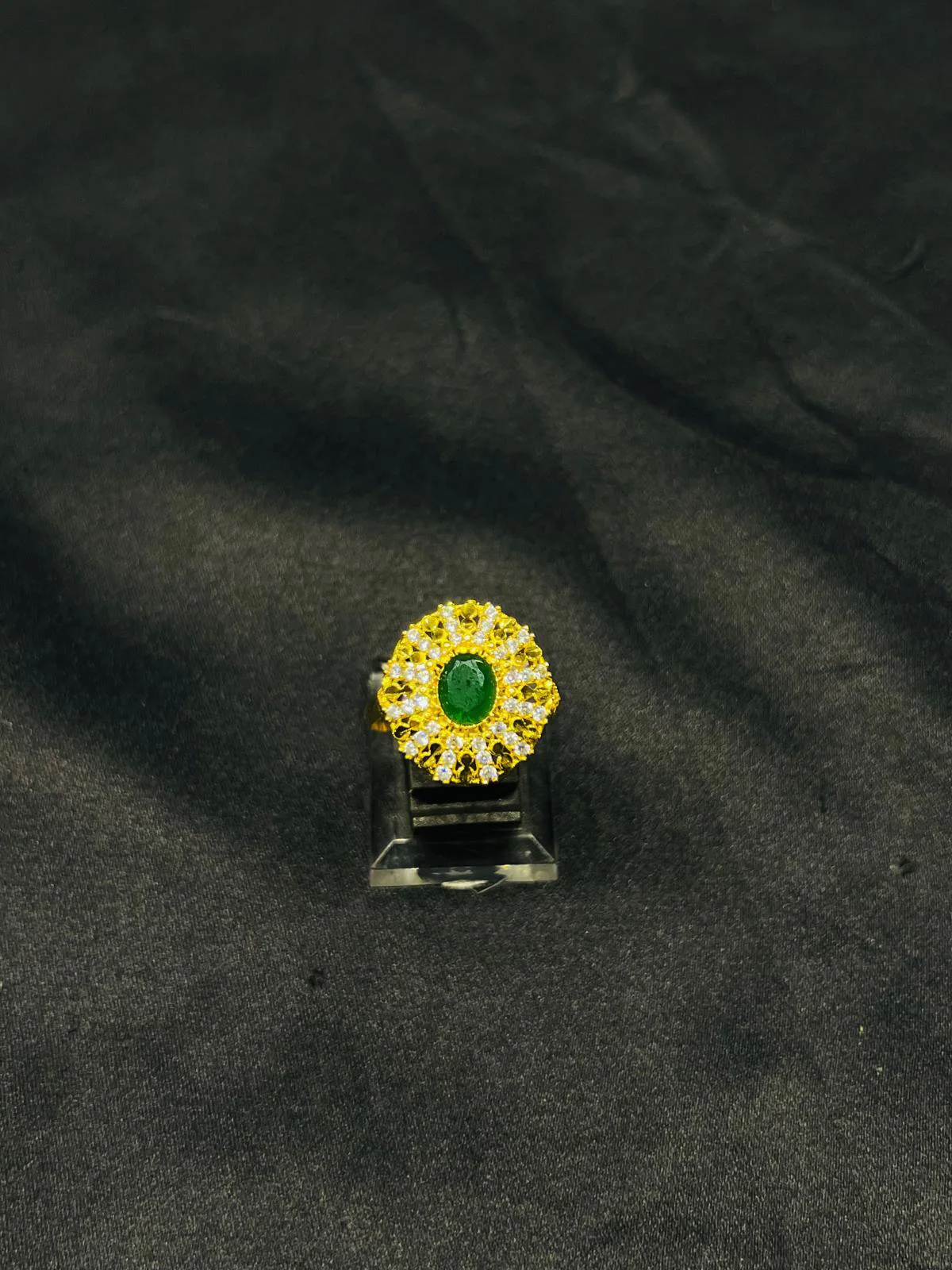 24K Gold Polish adjustable Ring in Green Stone