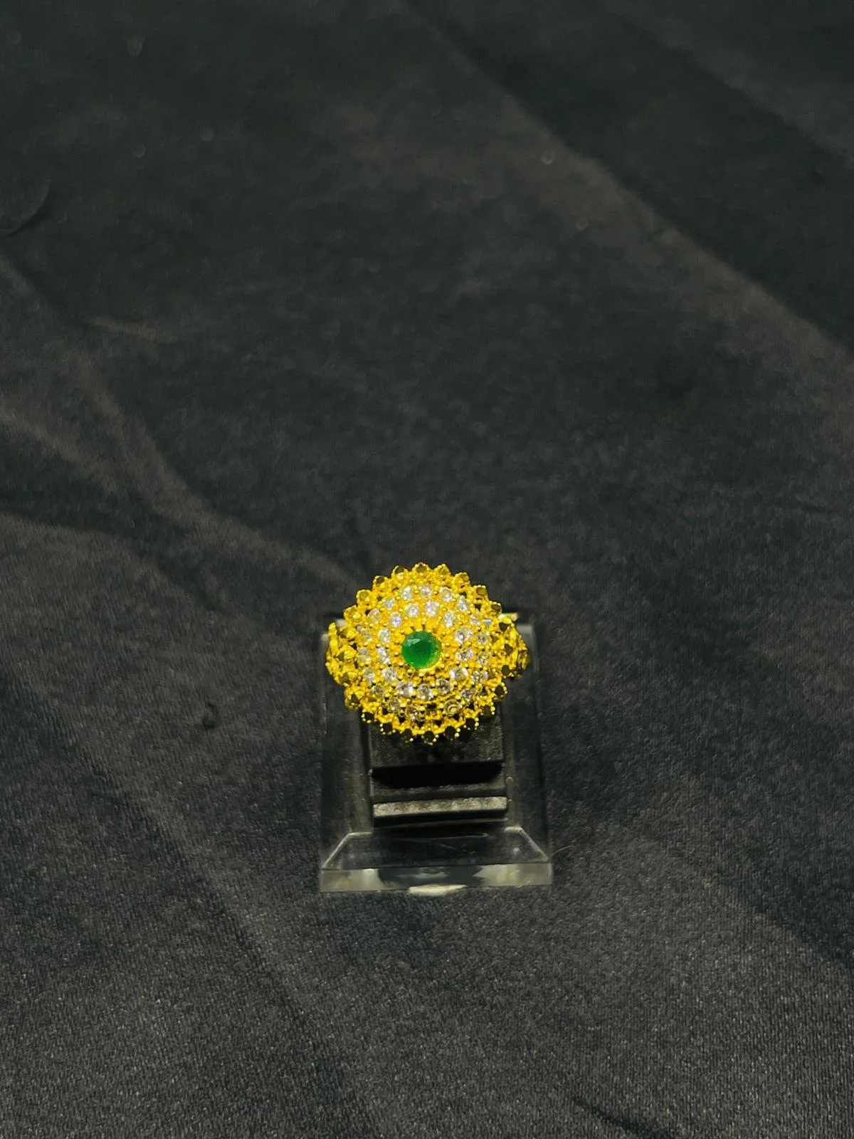 24K Gold Polish adjustable Ring in Green Stone