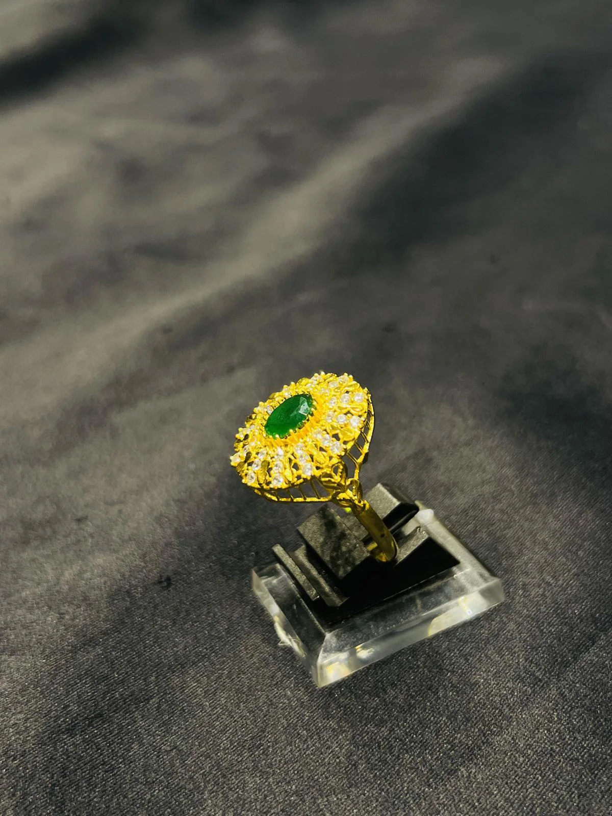 24K Gold Polish adjustable Ring in Green Stone