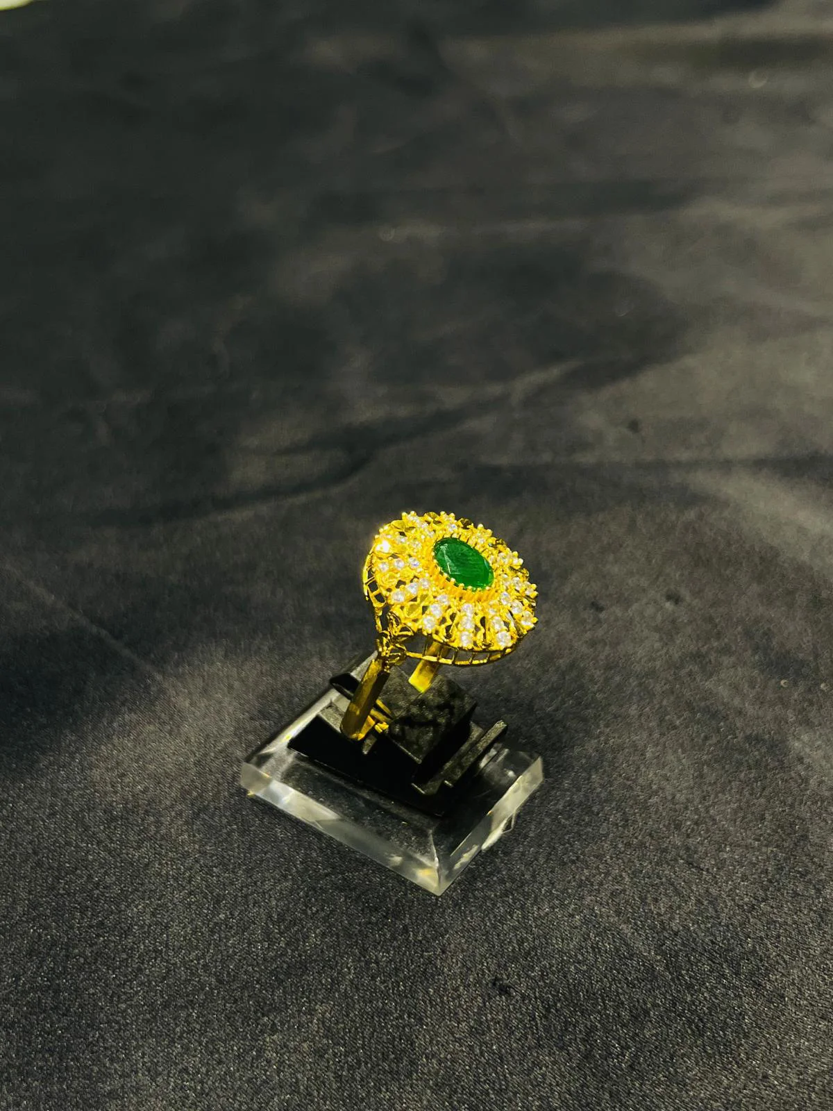 24K Gold Polish adjustable Ring in Green Stone