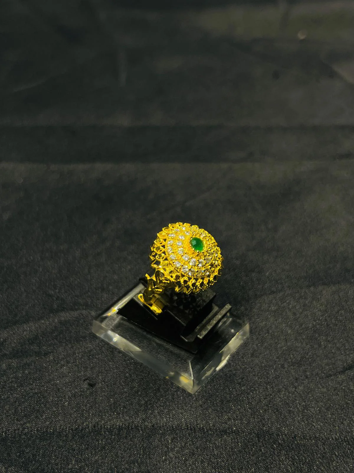 24K Gold Polish adjustable Ring in Green Stone