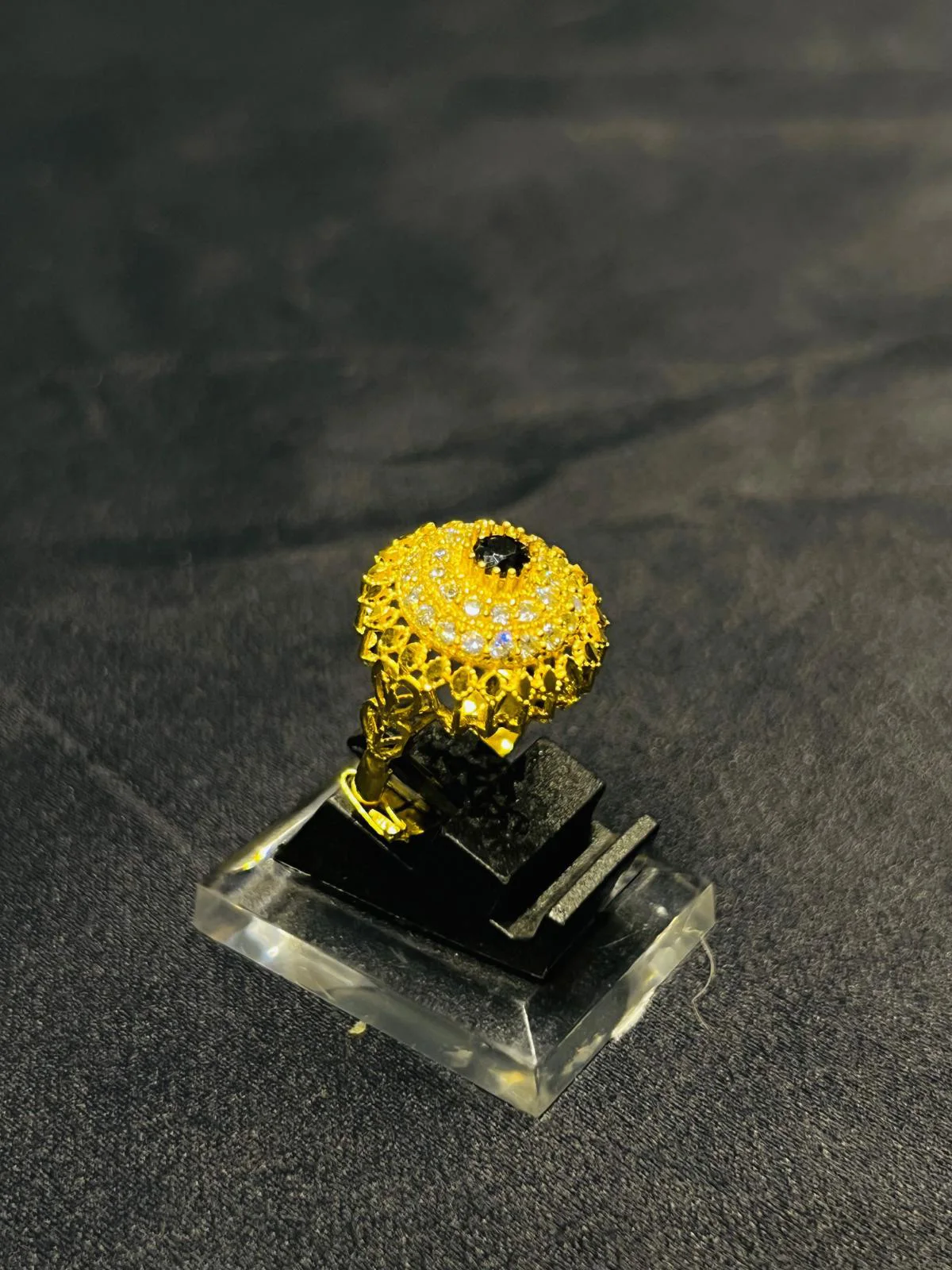 24K Gold Polish adjustable Ring in Black Stone