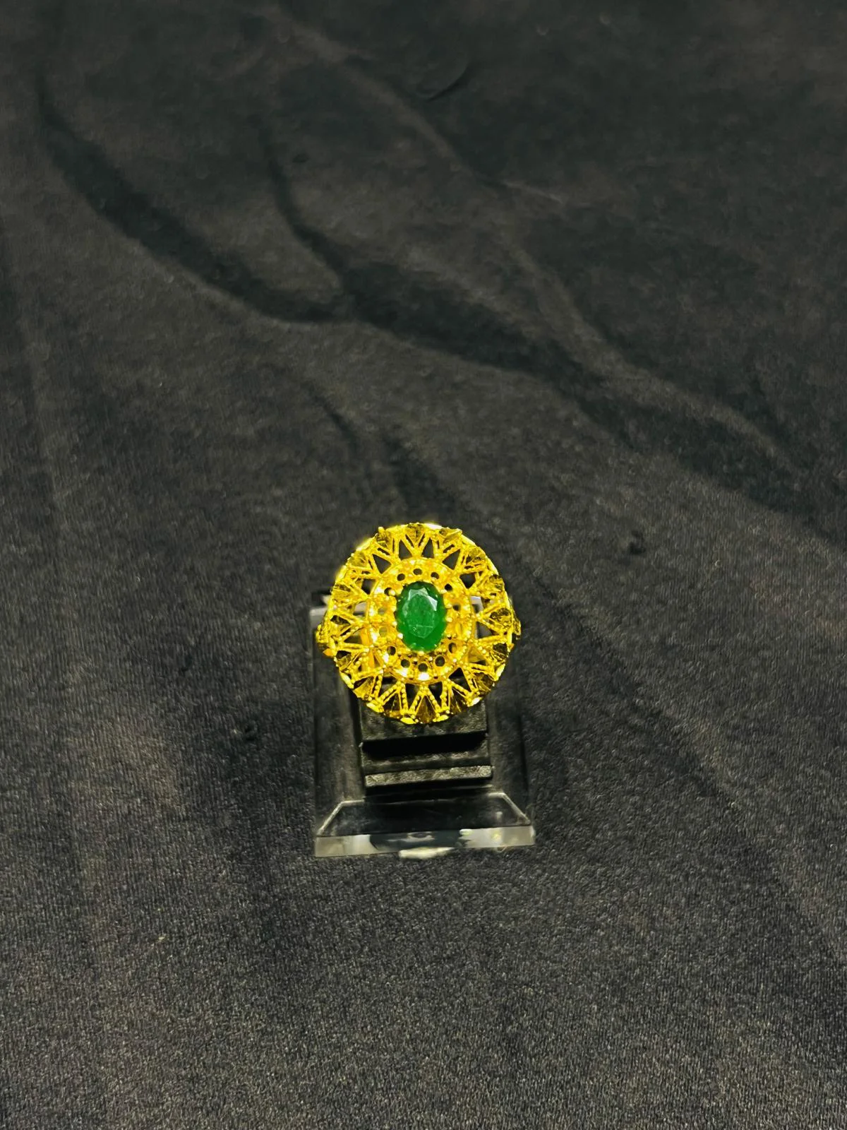24K Gold Polish adjustable Ring in Green Stone